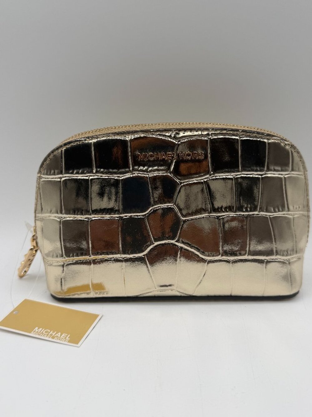 Michael Kors Pale Gold Croc Embossed Leather Travel Pouch Cosmetic Bag NWT